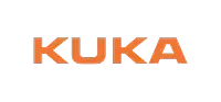 Orange block letter 'KUKA' logo on a black background.