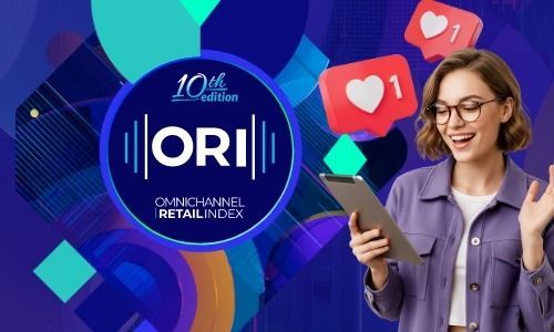 Smiling woman uses tablet, surrounded by social media likes and 'ORI 2025 Omnichannel Retail Index' logo.