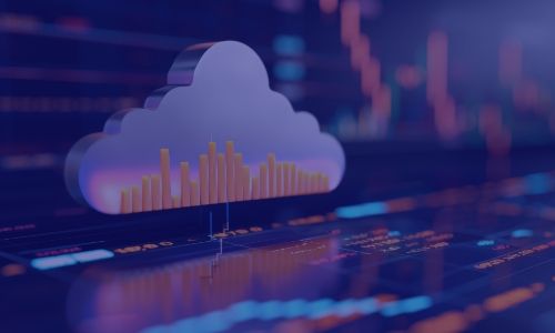Metallic cloud icon with internal bar graphs, symbolizing data analysis and cloud computing on a digital background.