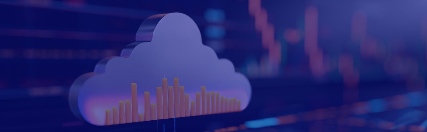 Metallic cloud icon with internal bar graphs, symbolizing data analysis and cloud computing on a digital background.