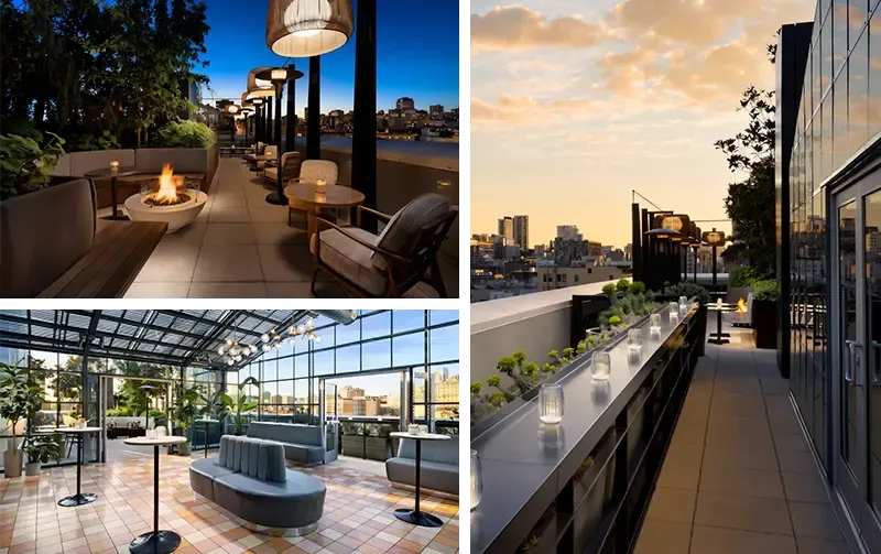 Collage of three elegant venues: fire pit lounge, glass event space, and city view terrace.