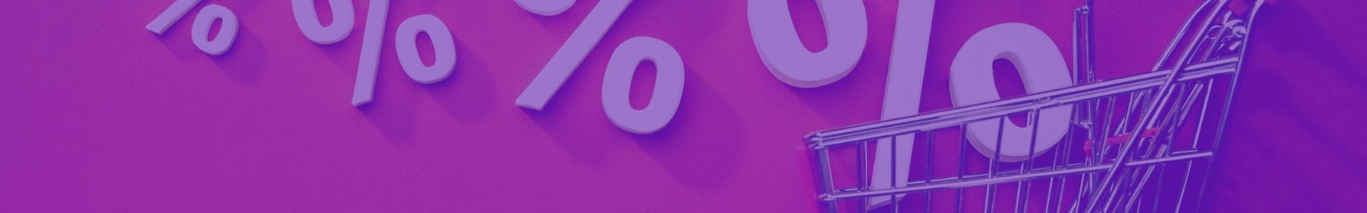 Large purple percentage symbols and a shopping cart on a magenta background, indicating sales.