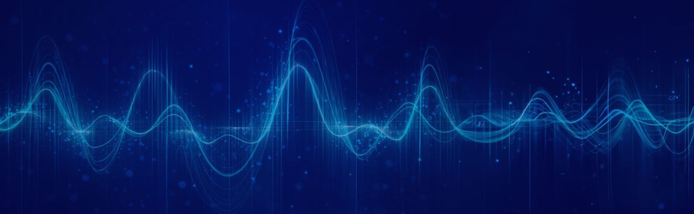 Abstract blue sound wave pattern with glowing lines and digital particles on a dark background.