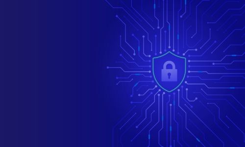 Blue background with a shield and padlock icon over a circuit board pattern.