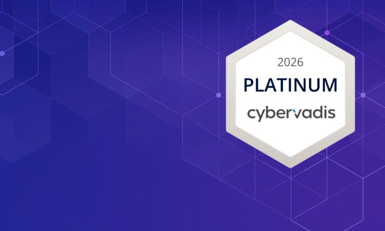 Cybervadis Platinum 2026 award badge on a blue geometric background.