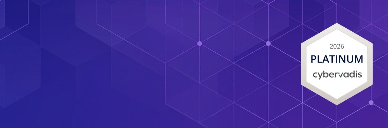 Cybervadis Platinum 2026 award badge on a blue geometric background.