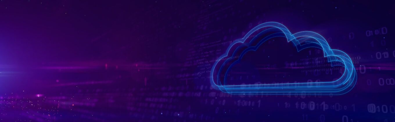 Blue glowing cloud symbol with binary code on a dark purple background.