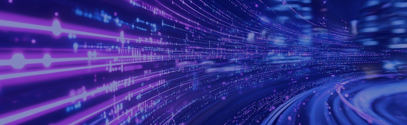 Abstract digital tunnel with glowing purple and blue light trails, representing data flow.