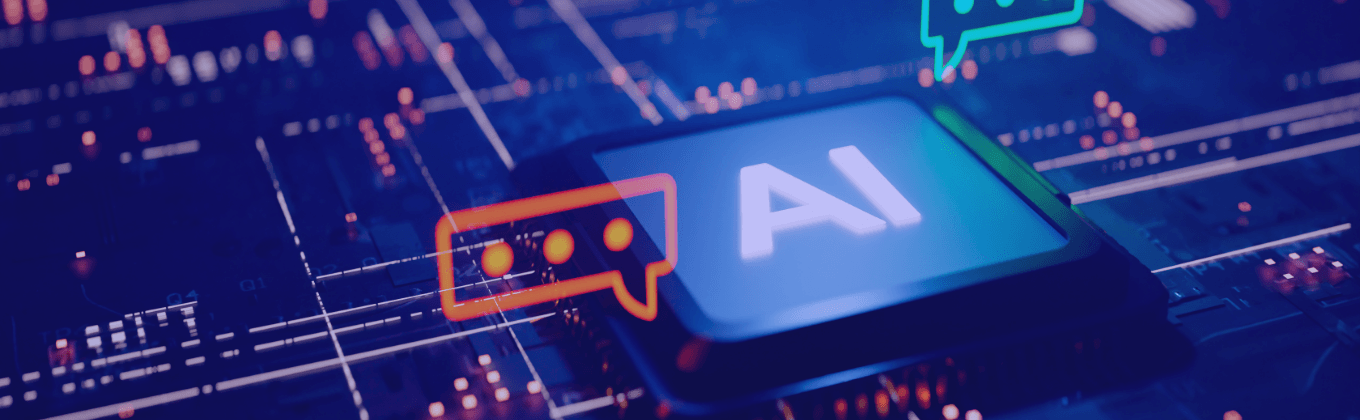 AI chip with glowing circuits and speech bubbles, symbolizing artificial intelligence communication.