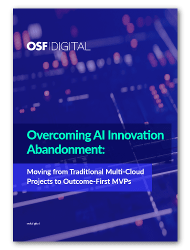 White paper cover titled "Overcoming AI Innovation Abandonment" by OSF Digital.