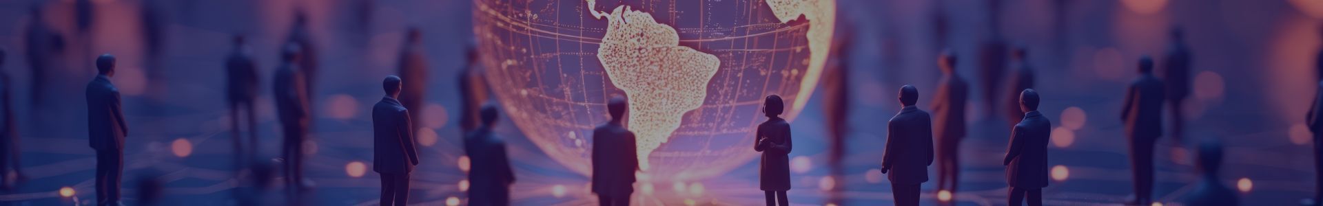Silhouetted figures observe a glowing, abstract world map focused on the Americas.