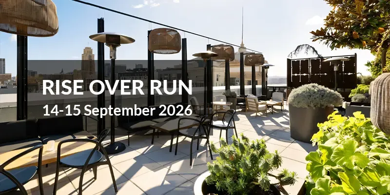 Rooftop terrace event 'Rise Over Run' on 14-15 September 2026 with outdoor seating.