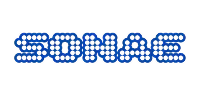 Blue 'SONAE' logo made from interconnected dots.