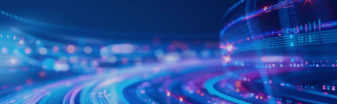 Dynamic abstract background with glowing blue and purple data lines and light trails.