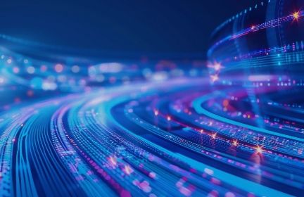 Abstract blue and purple light trails depict rapid data transfer and digital communication.