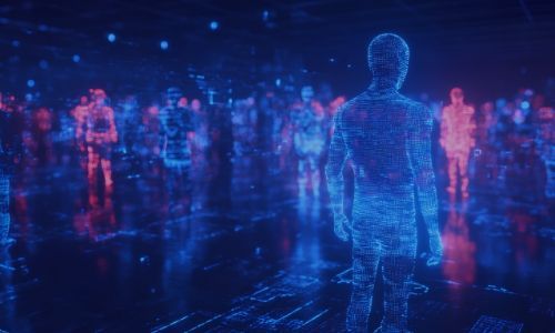 Glowing blue digital human figures stand in a futuristic, networked crowd.