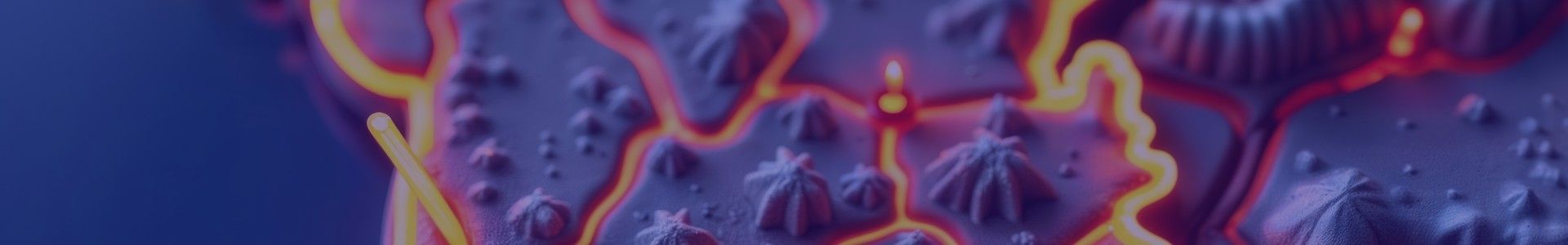 Abstract pattern of intertwined red, orange, and purple organic shapes on a dark blue background.