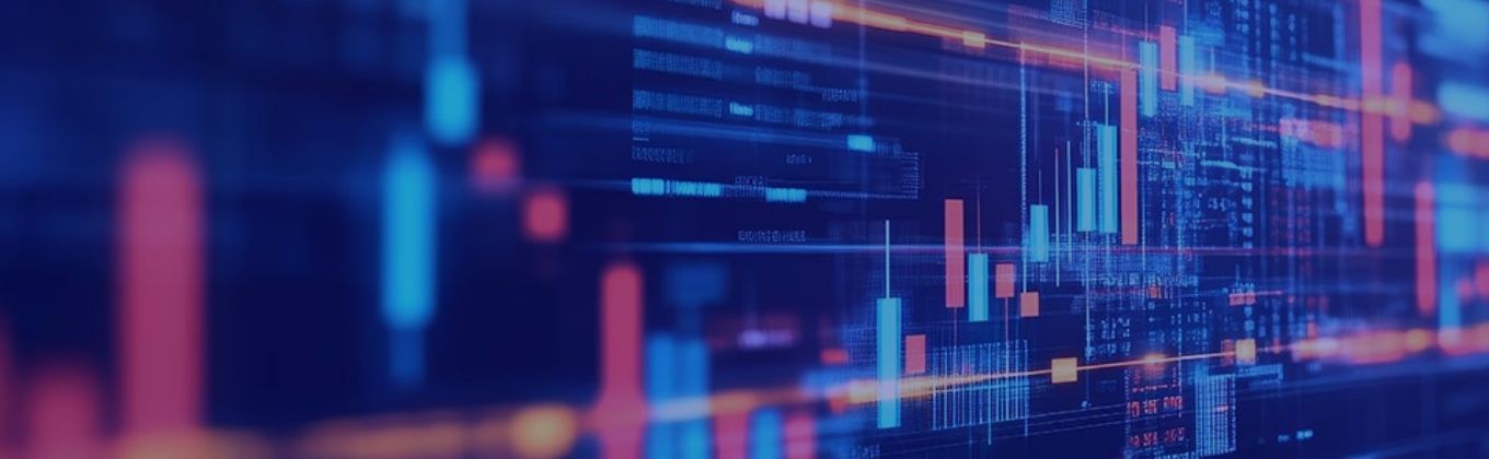 Blue and red financial charts with glowing data points on a blurred background.