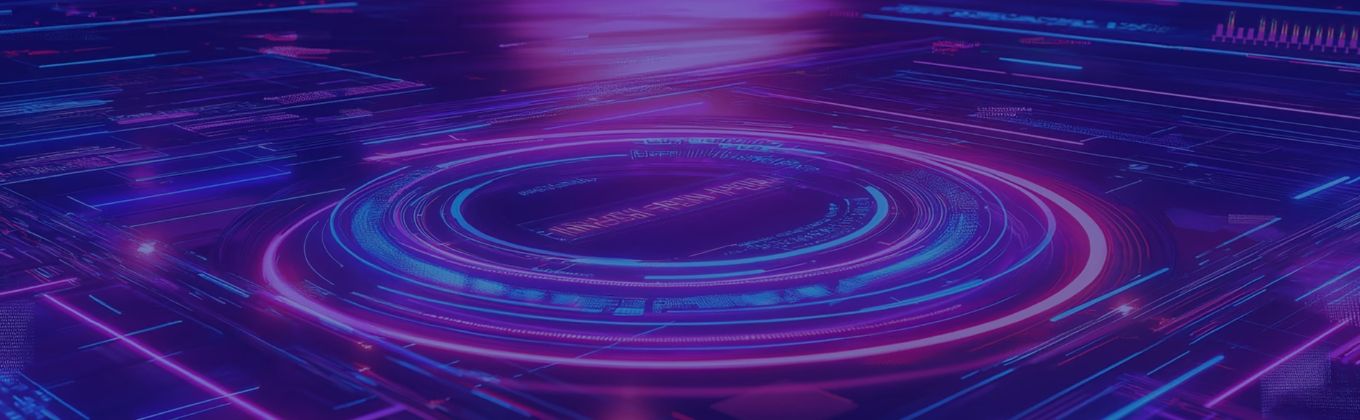 Futuristic glowing blue and purple circular interface on a dark, digital background.