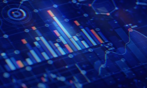 Digital display of data visualizations, including bar charts and line graphs, in blue and red.