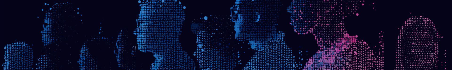 Abstract glowing vertical forms in dark blue and purple against a mysterious black background.