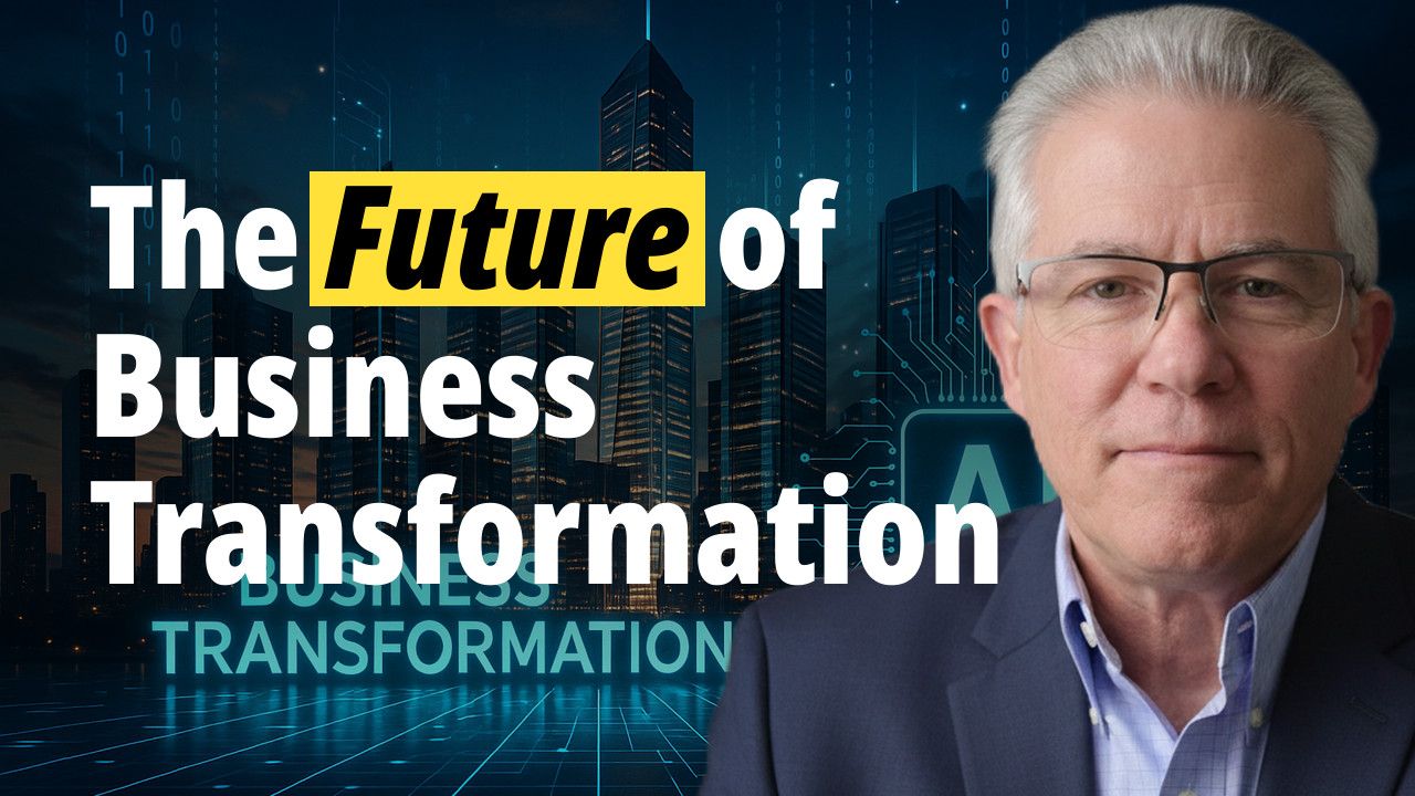 A man in glasses next to text 'The Future of Business Transformation' with city background.