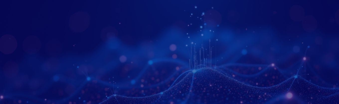 Dark blue abstract background with glowing lines and dots depicting a digital network.