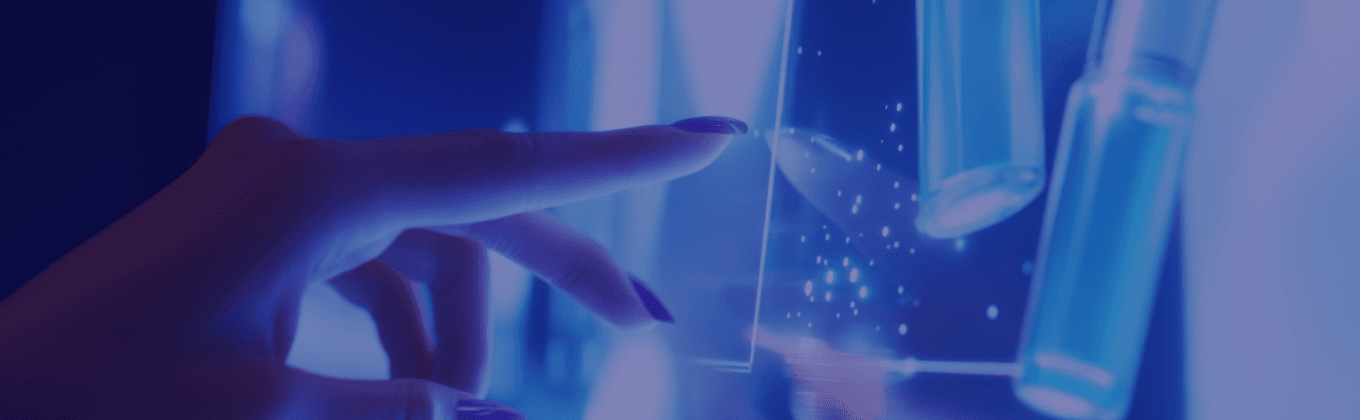 Hand interacting with a glowing, translucent digital screen and futuristic elements.