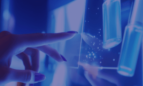 Hand interacting with a glowing, translucent digital screen and futuristic elements.