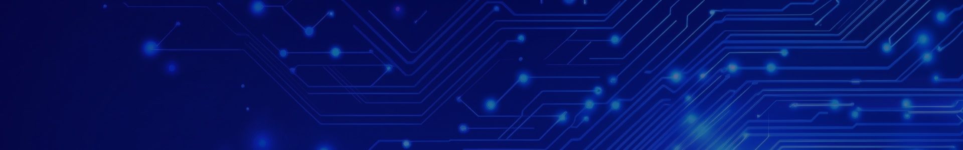 Abstract blue background with glowing light dots and faint circuit board lines.
