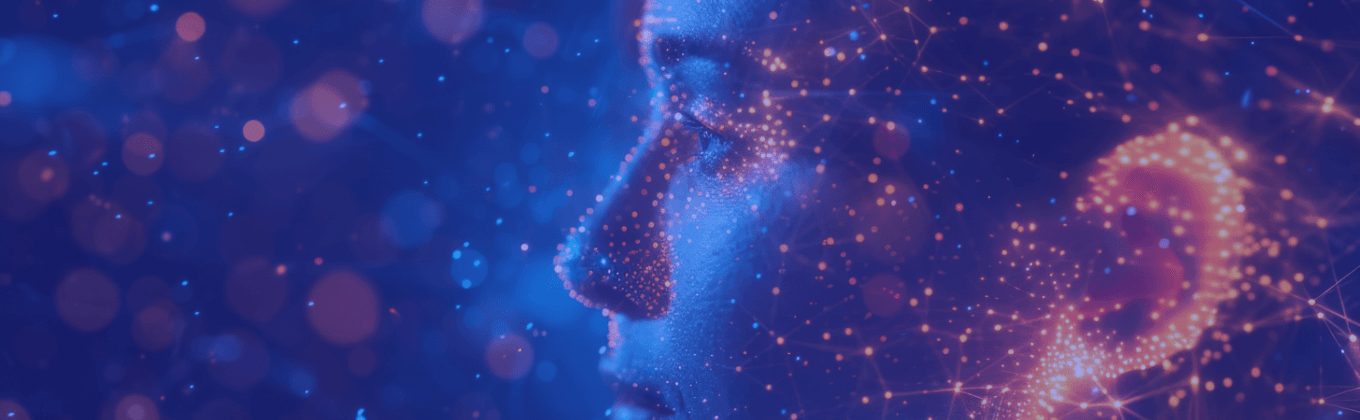 Side profile of a human face made of glowing digital particles against a blue background.