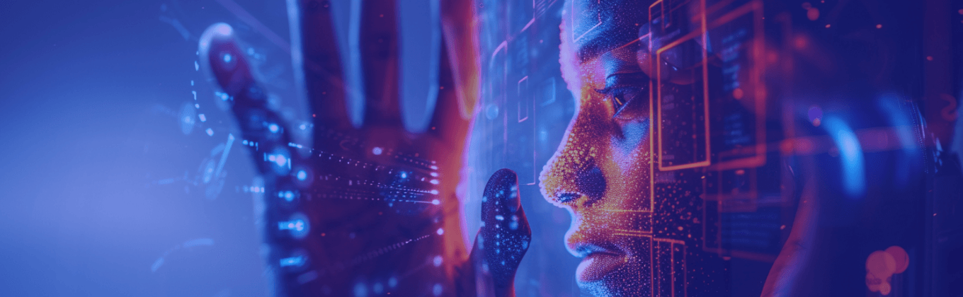 A person's face with circuit overlays, a glowing hand, and blue-red futuristic lighting.