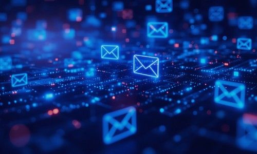 Blue glowing email icons float above a dark digital network grid, symbolizing communication.