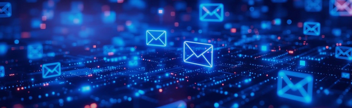 Blue glowing email icons float above a dark digital network grid, symbolizing communication.