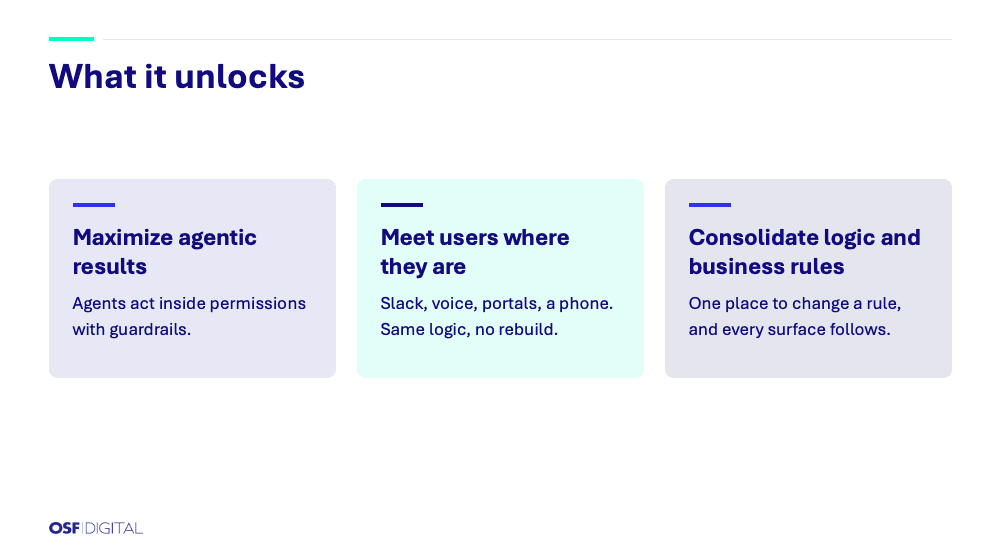 Three panels reading "Maximize agentic results," "Meet users where they are," and "Consolidate logic and business rules."
