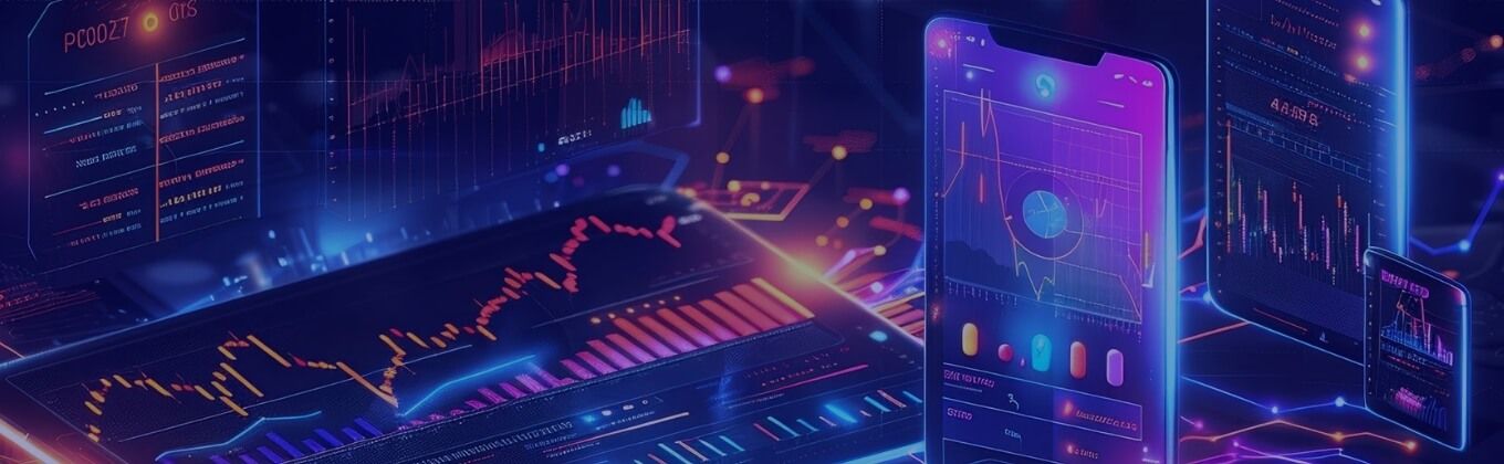 Digital interface with glowing financial data visualizations, charts, and a futuristic smartphone.