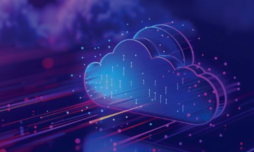 Blue glowing cloud icon represents data processing with light streams on a dark background.