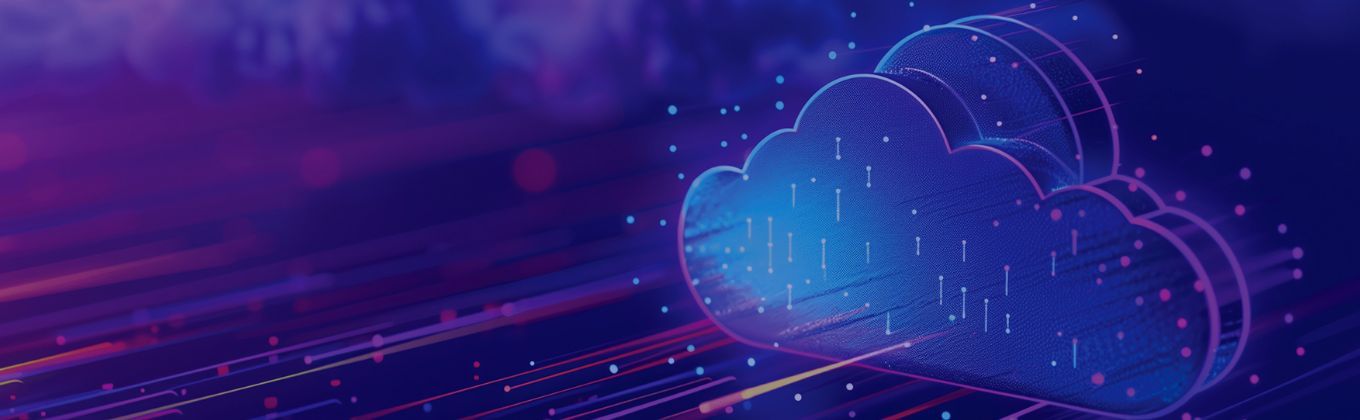 Blue glowing cloud icon represents data processing with light streams on a dark background.