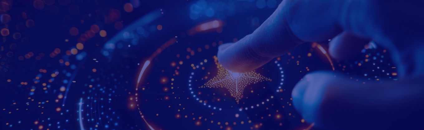 A person's finger presses a luminous star icon on a dark, tech interface.